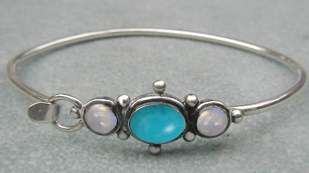 Sterling Silver Victorian Inspired Strap Latch Spring Hook Bangle Bracelet with Turquoise And Rainbow Moonstone Sterling Silver Victorian Inspired Strap Latch Spring Hook Bangle Bracelet with Turquoise And Rainbow Moonstone